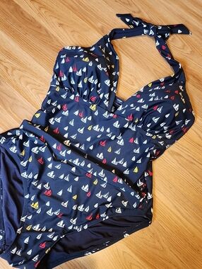 Tommy Hilfilger Navy Sailboat Print Halter One-Piece Swimsuit